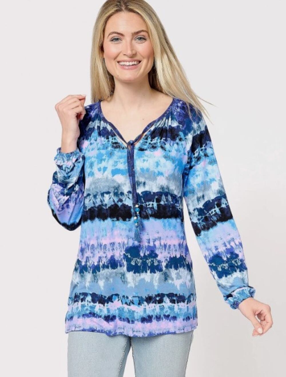 Belle by Kim Gravel Knit Blue Painted Desert Tassel Top, Size XS